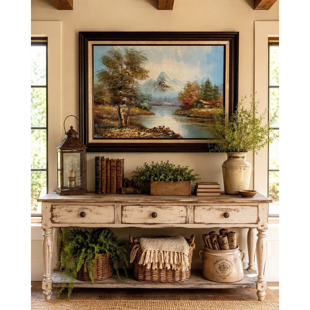 Vintage Framed Mountain Lake Landscape Oil Painting Signed Reno Cabin Scene